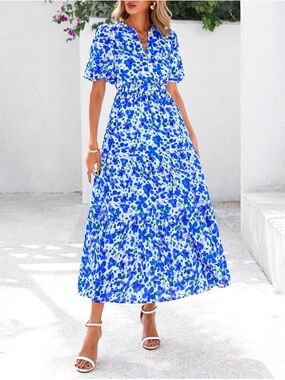 Blue Floral Tiered Maxi Dress with V-Neck